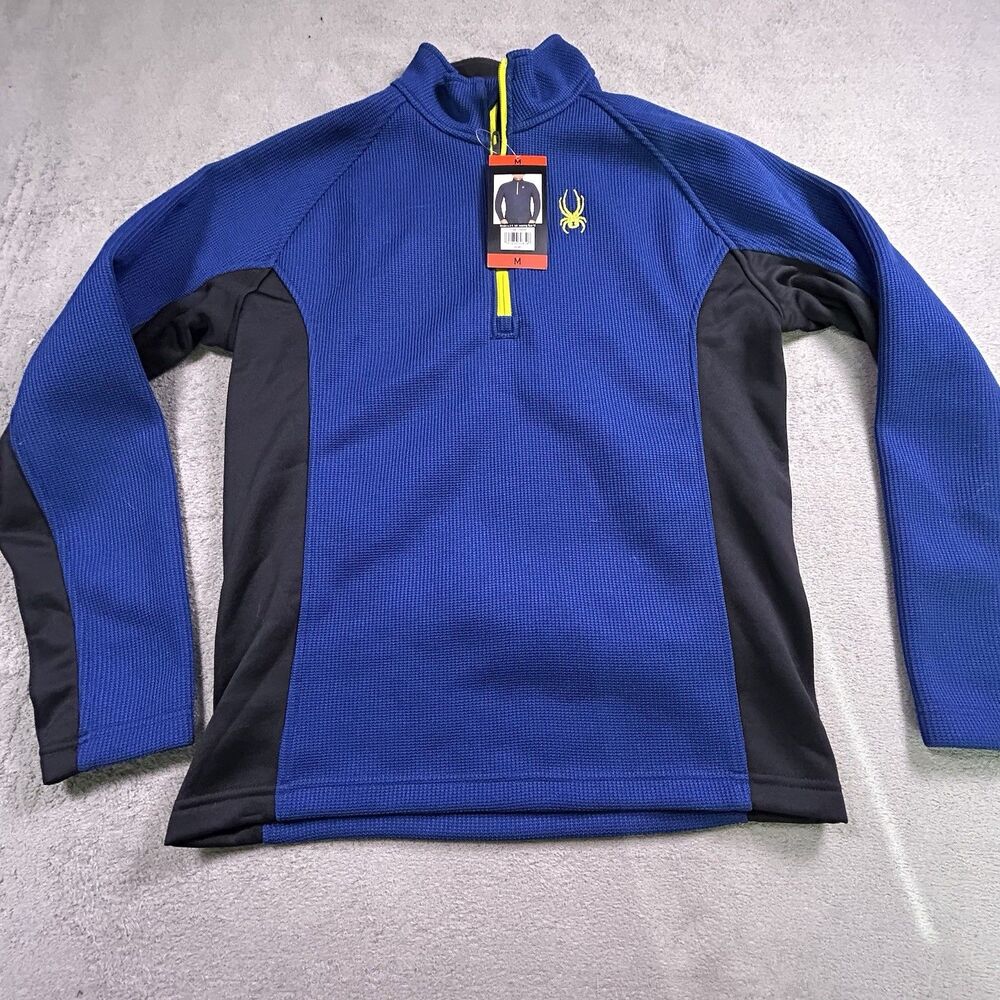 NWT Spyder Fleece Pullover Mens Medium Blue 1/4 Zip Waffle Knit Jacket Ski